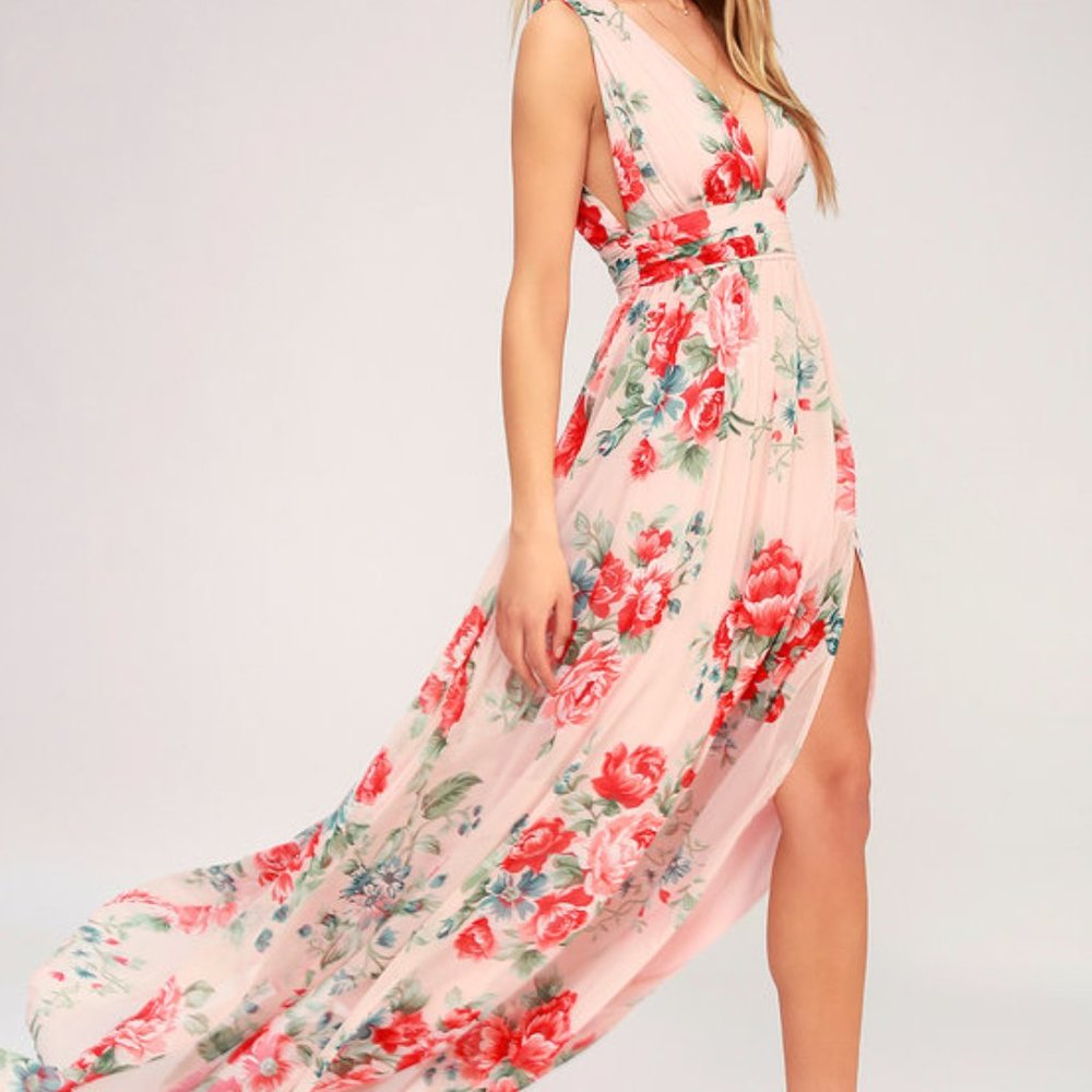 Lulu's Garden Meandering Blush Floral Print Maxi Dress - Medium, NWT
